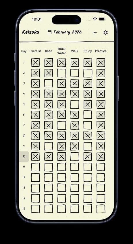 Keizoku habit tracking app screenshot showing daily habit grid