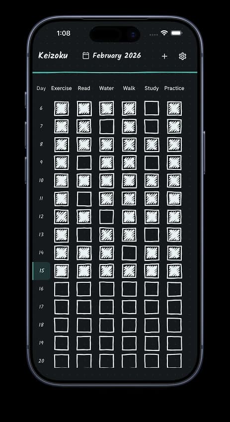 Keizoku dark notebook theme with dark background and light grid for nighttime tracking