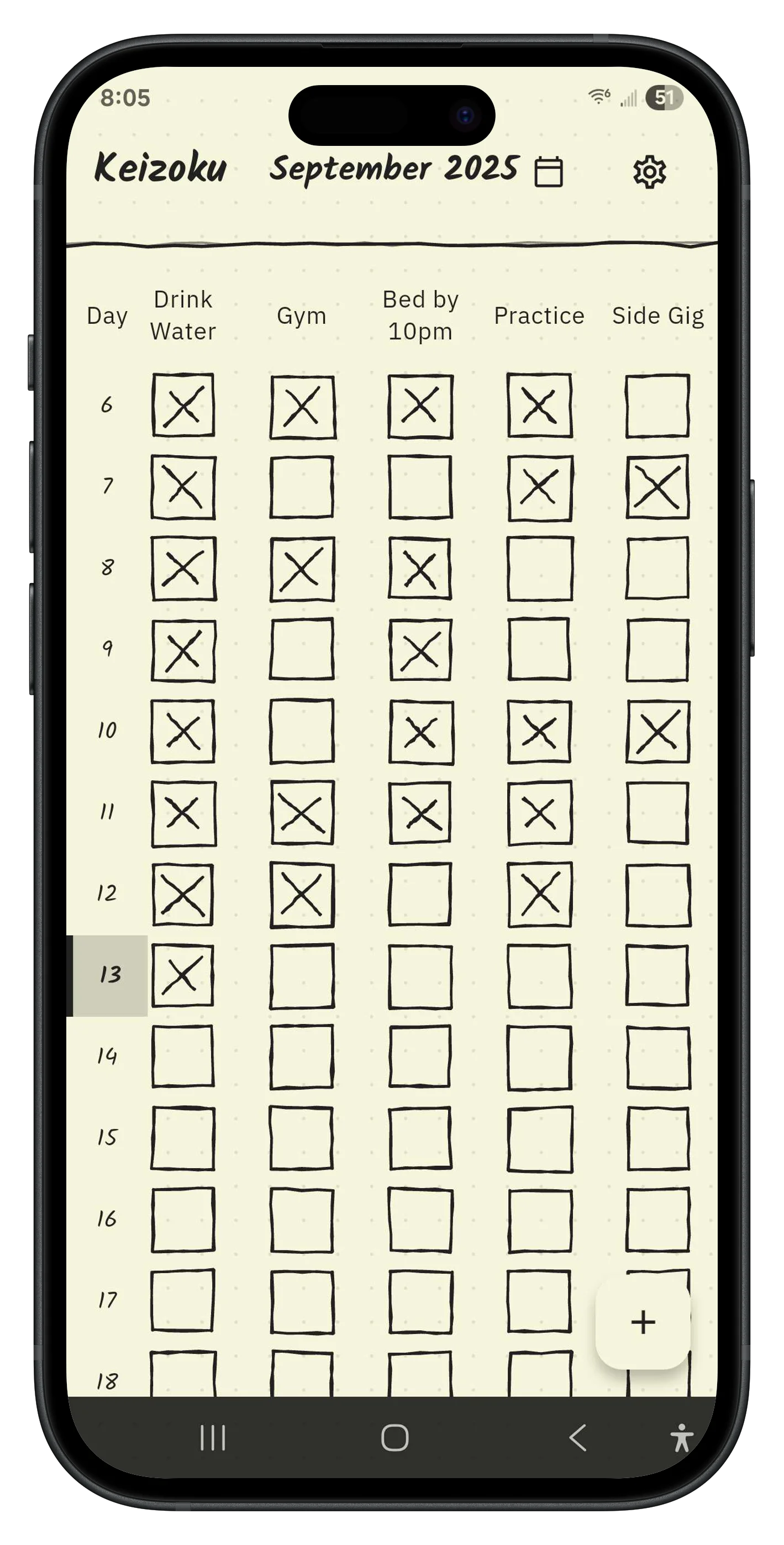 Keizoku habit tracking app screenshot showing daily habit grid